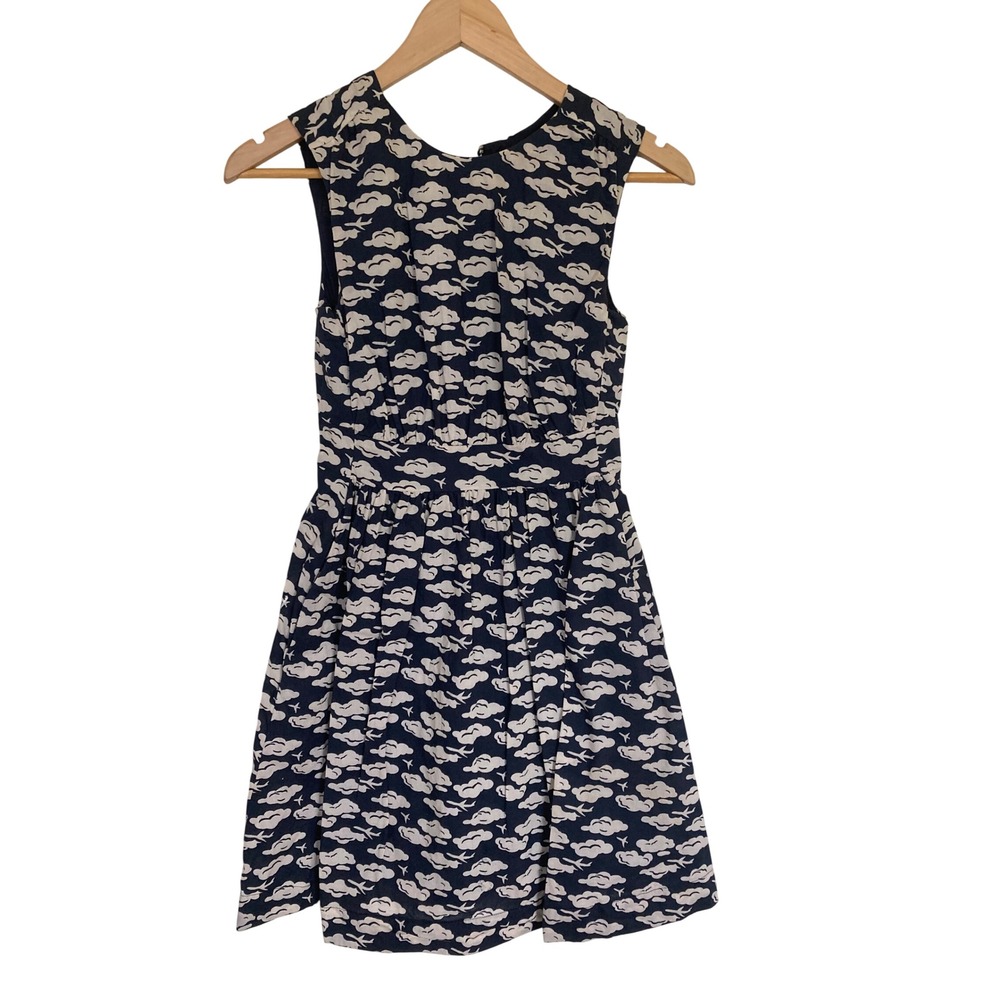 Emily and Fin Navy Cloud Airplane Print Cotton Fit and Flare Dress XS UK 8 EU 36